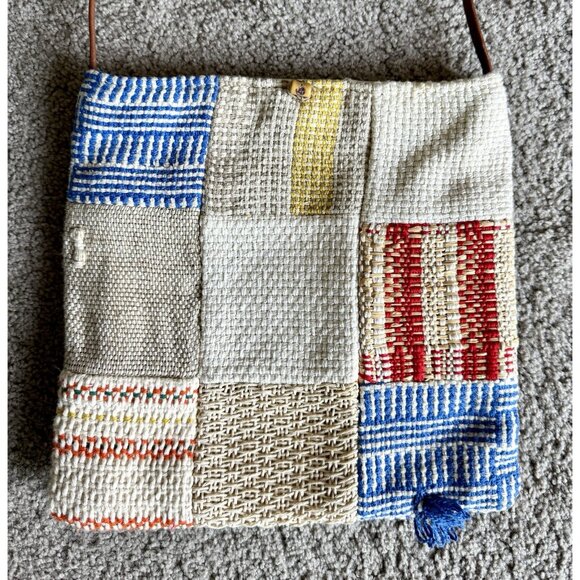 Woven MARIA LA ROSA ITALY Patchwork PURSE Shoulder Bag 10x10" Leather Strap Vtg - Picture 2 of 8